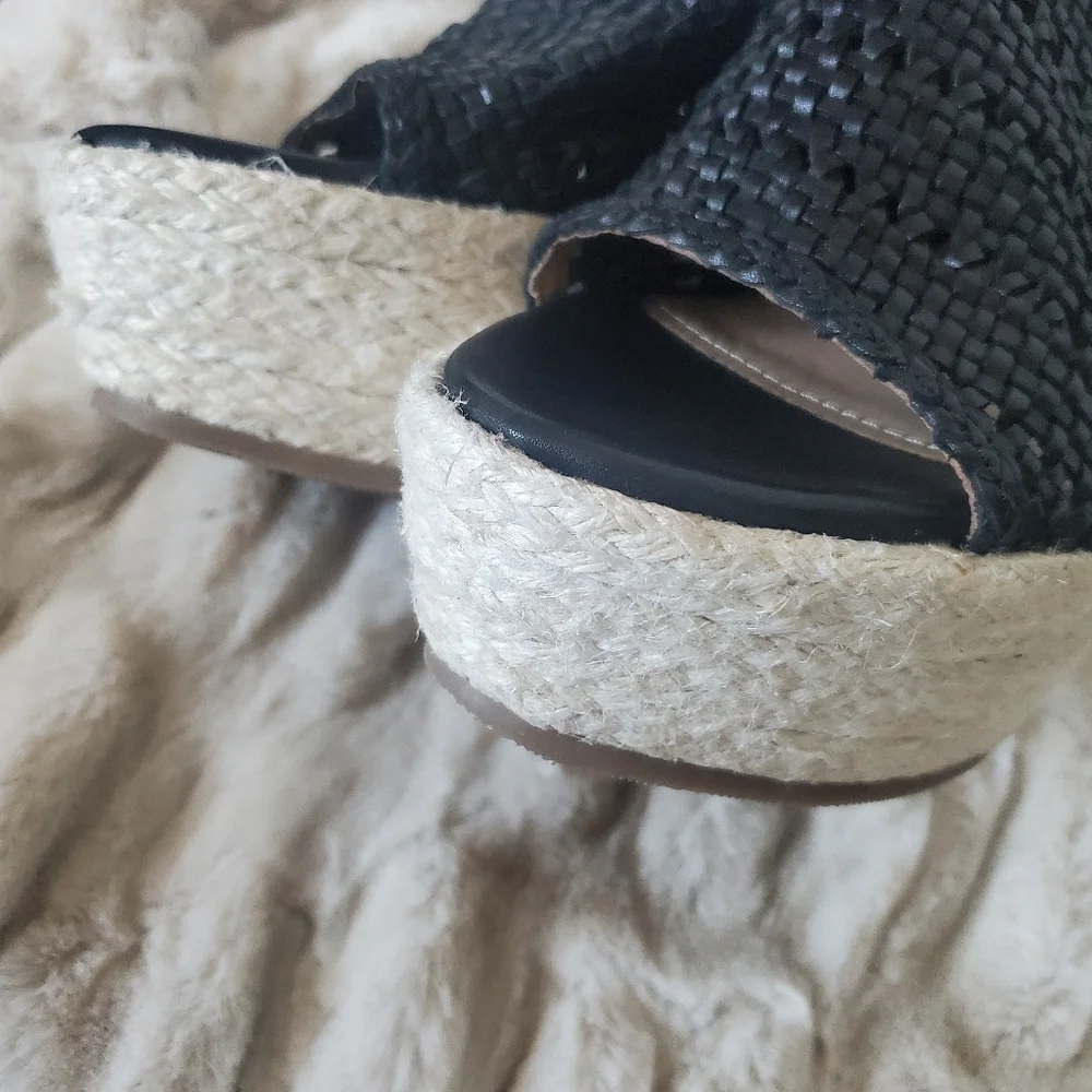Black Leather Peep Toe Wedge Espadrilles